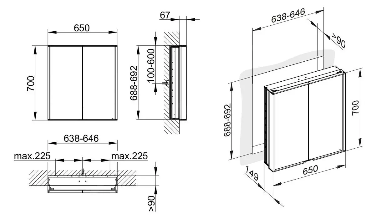 Keuco Royal Match - Armario Con Espejo E Iluminación LED, Empotrable, 650x700x149 Mm, Plata Anodizada 12811171311 - Imagen 2