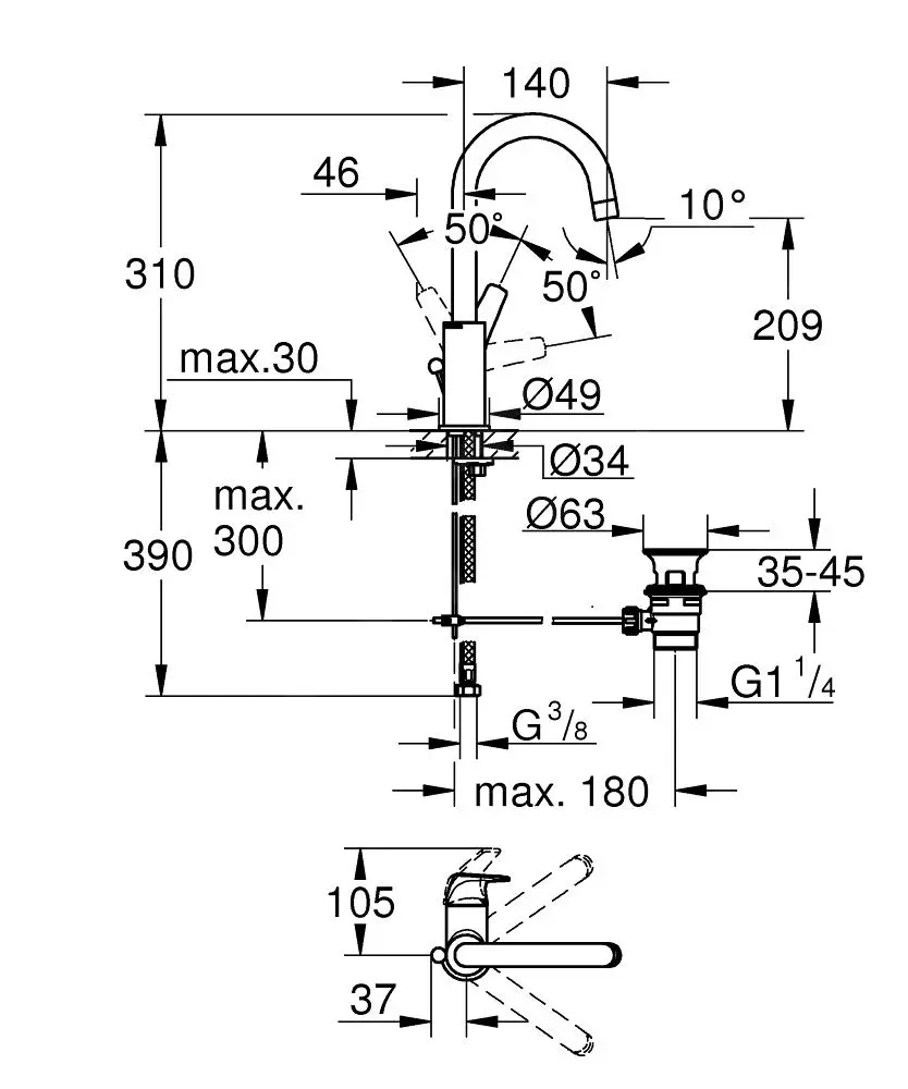 Grohe BauFlow - Grifo De Lavabo, Con Desagüe, Cromo 23753000 - Imagen 2
