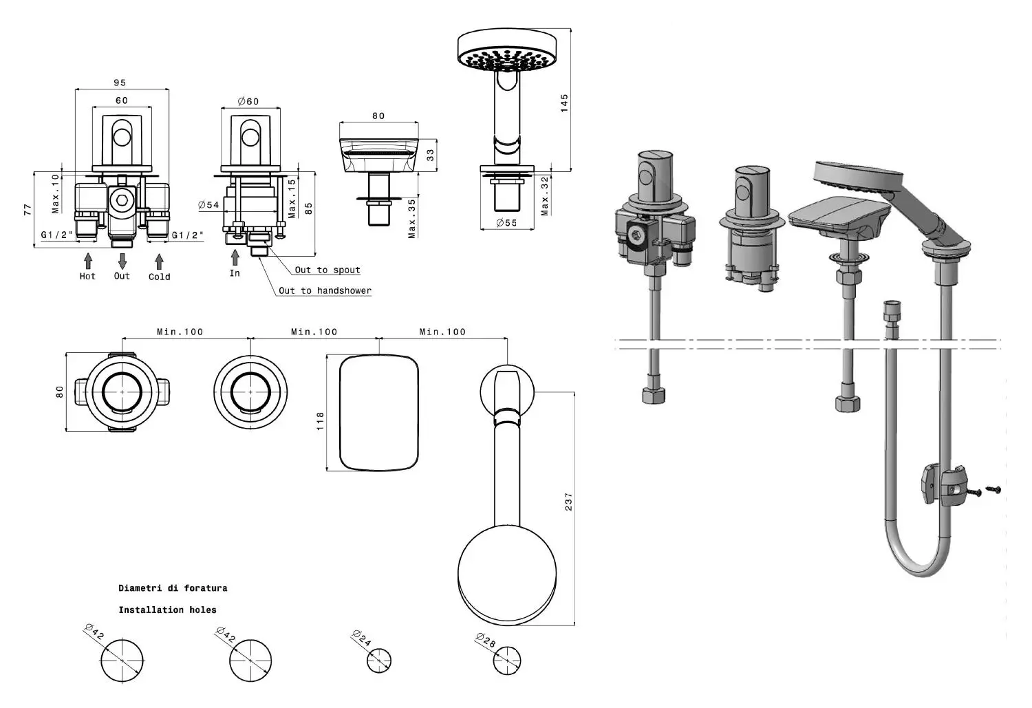 Sapho Grifería - Grifo Termostático GLAM Para Borde De Bañera, Instalación De 4 Orificios, Cromo GLAMTECH4 - Imagen 2