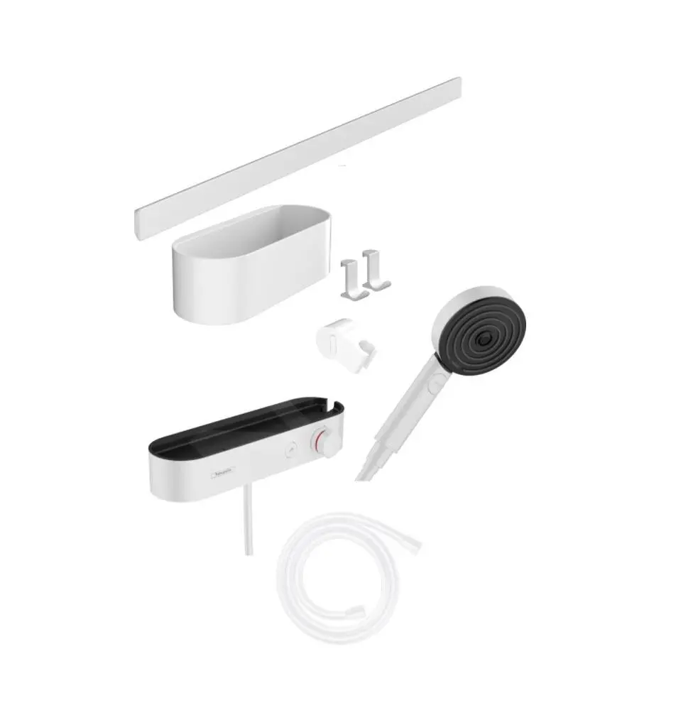 Hansgrohe WallStoris - Conjunto De Cabezal De Ducha 105, 3 Chorros, Termostato Y Accesorios De Baño, Blanco Mate 24250700