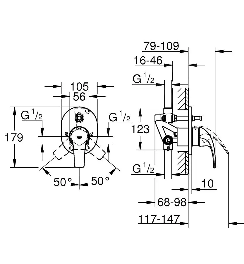 Grohe BauCurve - Grifo De Ba?era Empotrado, Con Cuerpo De Montaje, Cromo 29043000 - Imagen 2