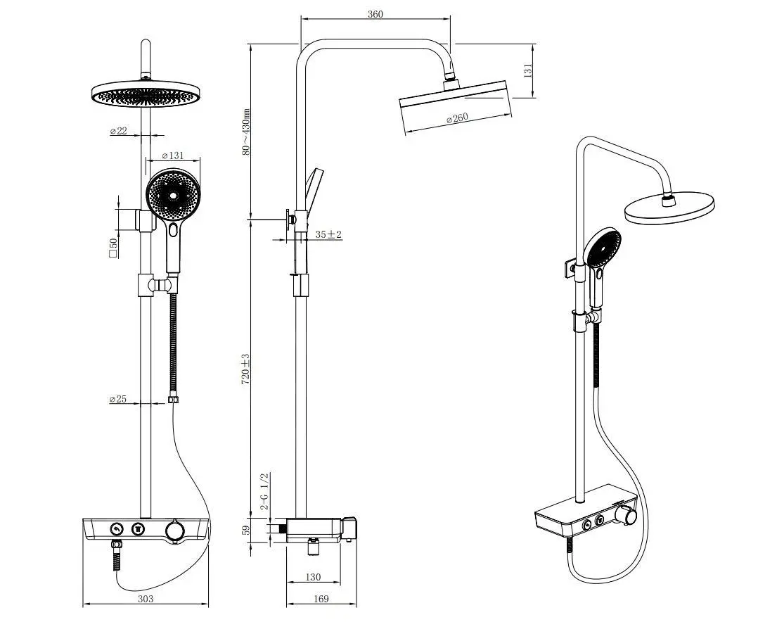 Kielle Aura - Conjunto De Ducha Con Termostato, 260 Mm, 3 Chorros, Negro/color Blanco 20602004 - Imagen 2