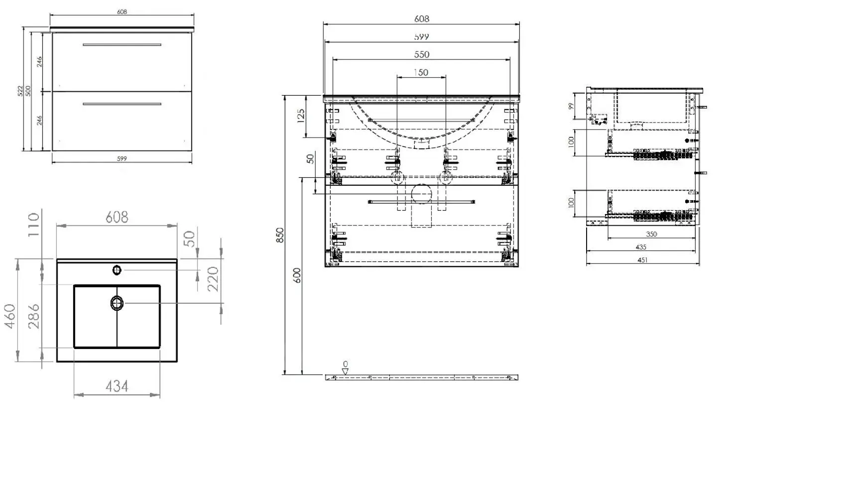Kielle Vega - Mueble Con Lavabo, 60x50x46 Cm, 2 Cajones, Blanco Brillante 50018S60 - Imagen 2