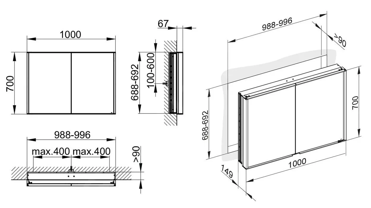Keuco Royal Match - Armario Con Espejo E Iluminación LED, Empotrable, 1000x700x149 Mm, Plata Anodizada 12813171311 - Imagen 2