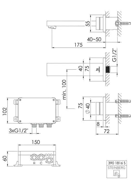 Steinberg IFlow - Grifo Empotrado Automático De Lavabo, Con Termostato, Instalación De 2 Orificios, Cromo 390 1816 - Imagen 2