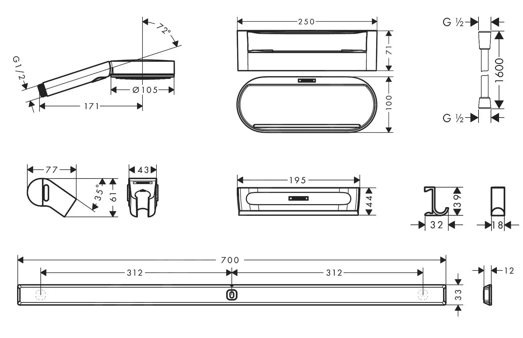 Hansgrohe WallStoris - Conjunto De Cabezal De Ducha 105, 3 Chorros Y Accesorios De Baño, Negro Mate 24291670 - Imagen 2