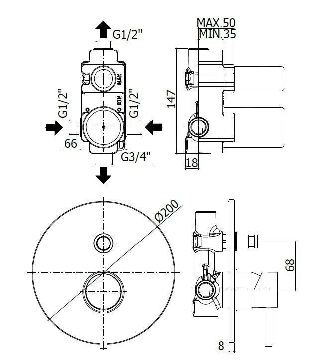 Paffoni Stick - Grifo Empotrado De Ducha Con Conmutador Y Cuerpo, Cromo SK015CR - Imagen 2