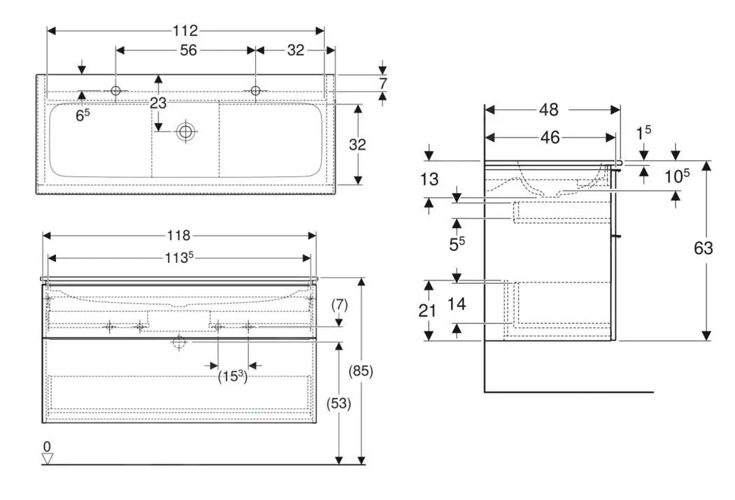 Geberit ICon - Mueble Con Lavabo Doble, 118x48x63 Cm, 2 Cajones, Blanco Brillante 502.338.01.1 - Imagen 2
