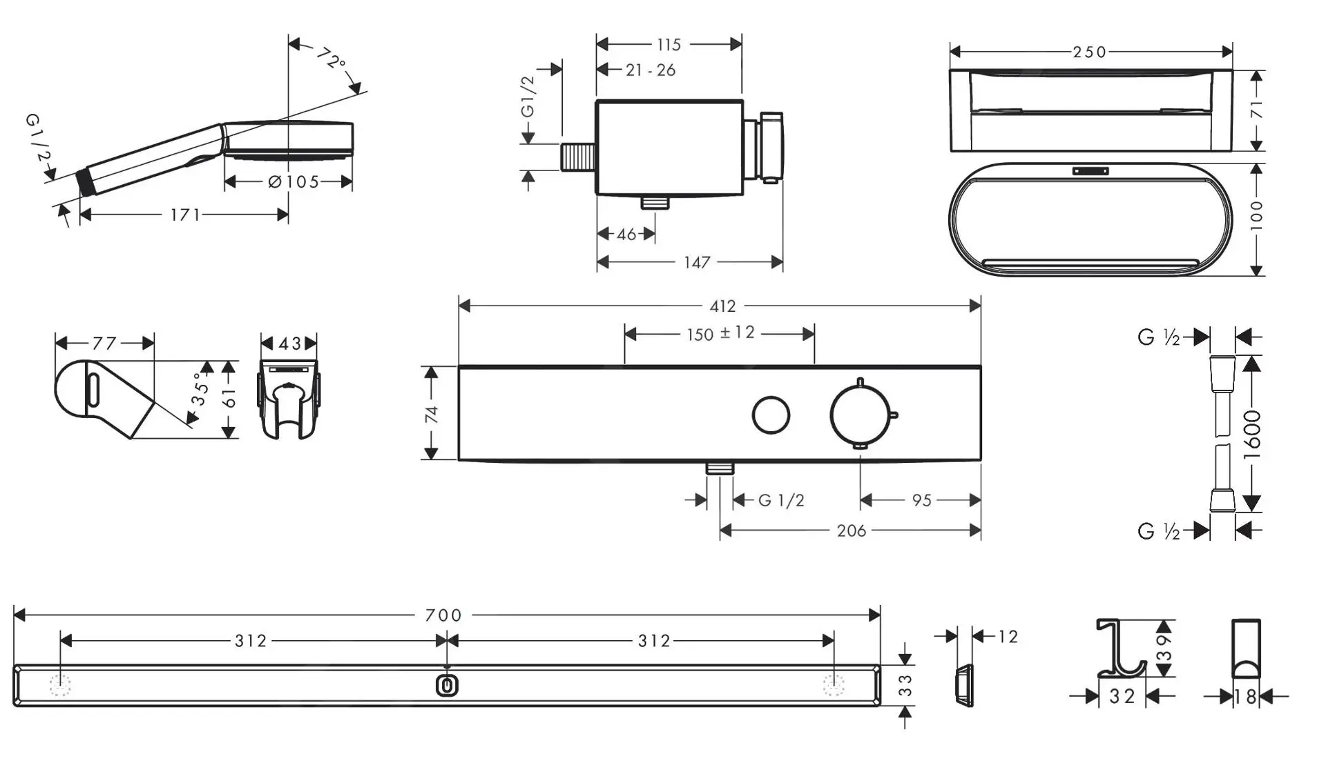 Hansgrohe WallStoris - Conjunto De Cabezal De Ducha 105, 3 Chorros, Termostato Y Accesorios De Baño, Blanco Mate 24250700 - Imagen 2