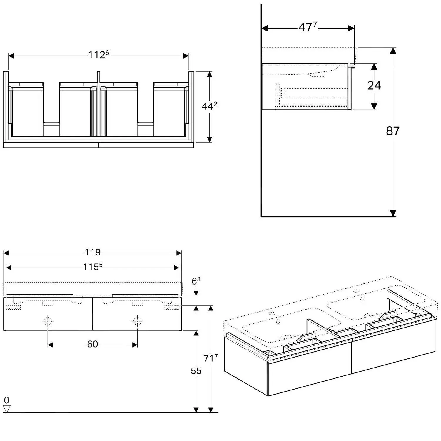 Geberit ICon - Armario Bajo El Lavabo Doble 1200 Mm, 2 Cajones, Lava 841221000 - Imagen 2